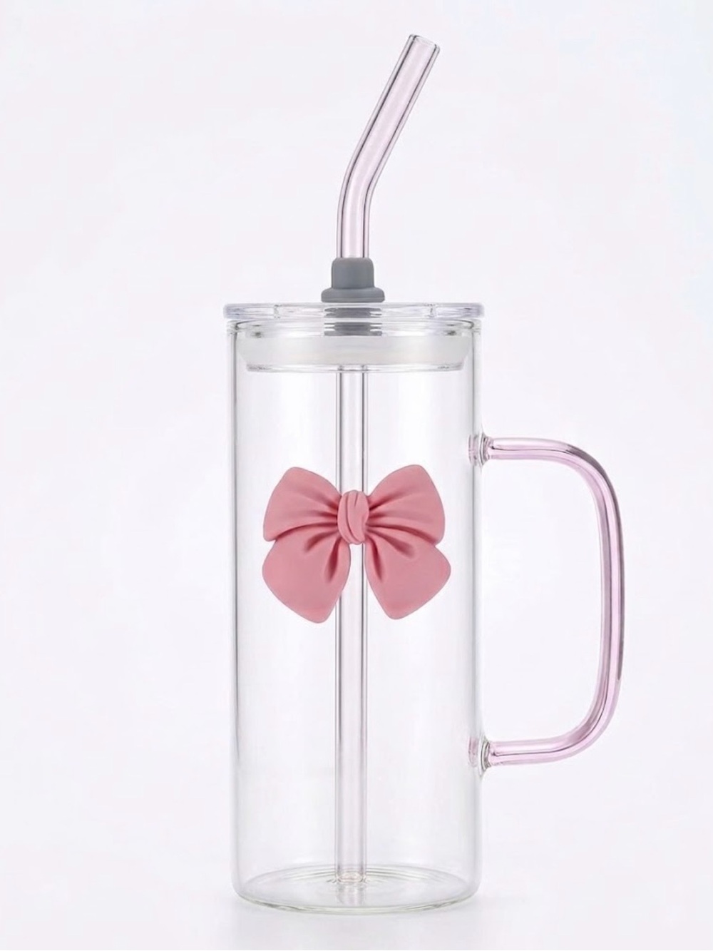 Pink Bow Glass Straw small Tumbler with Handle - Clear with metallic Pink Accent